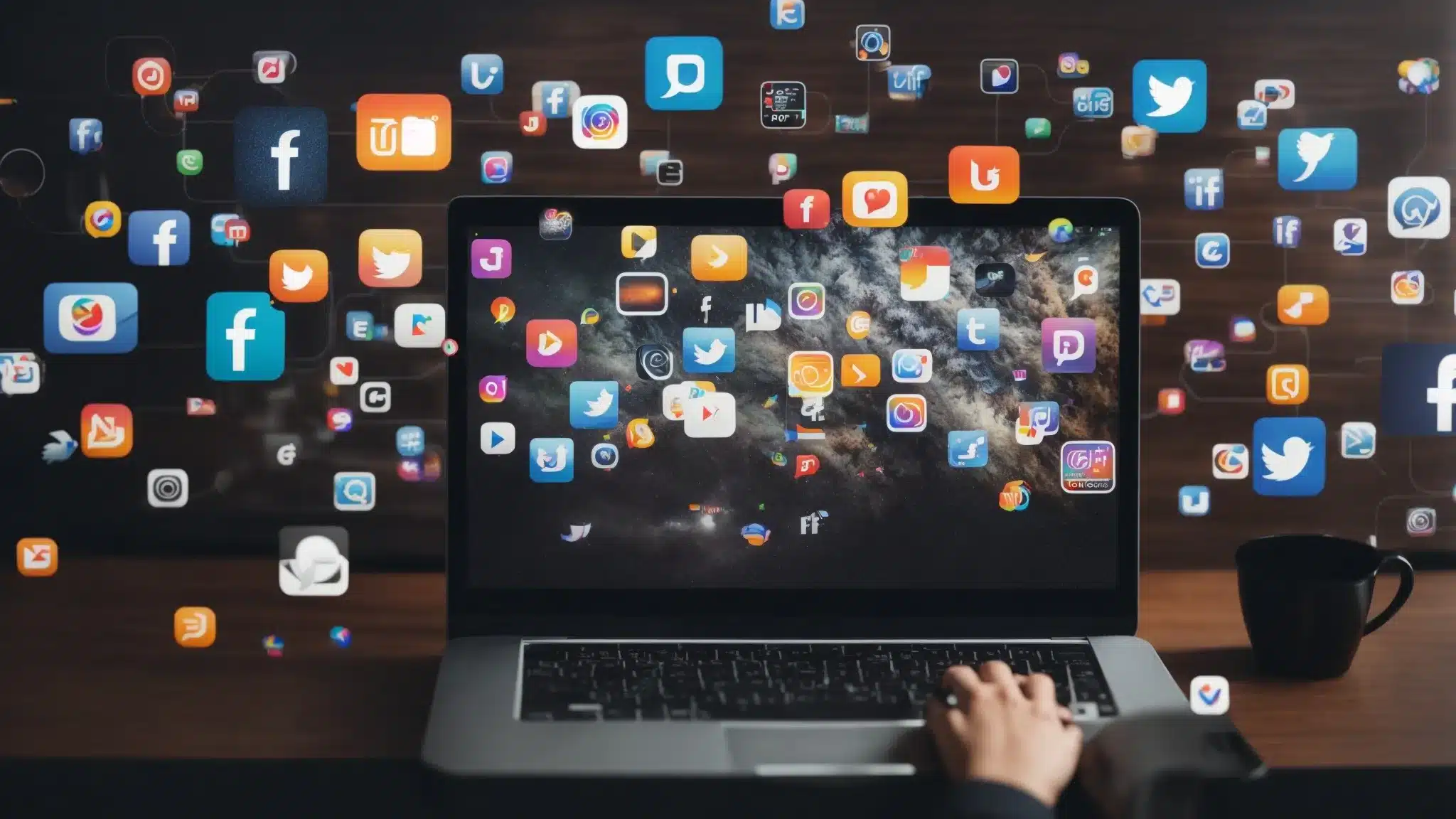 A Person Using A Laptop With Various Social Media Icons Surrounding The Screen, Symbolizing Online Brand Management.