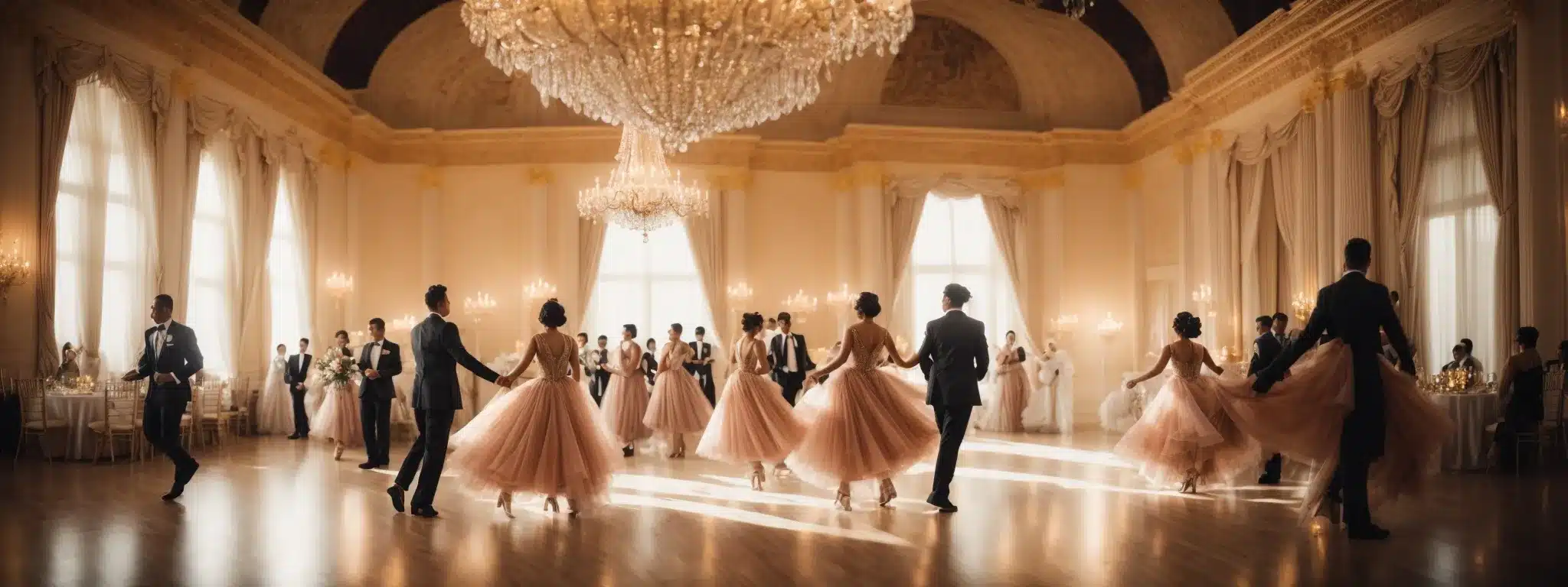 A Luxurious Ballroom With Dancers Gracefully Gliding Across The Polished Floor Under The Bright Glow Of An Elegant Chandelier.