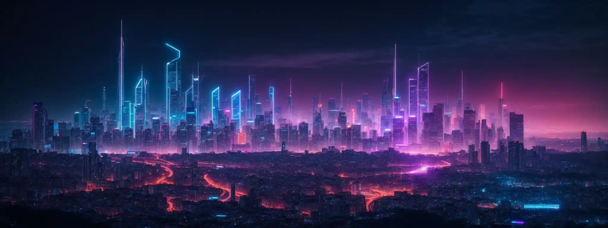 A Futuristic City Skyline Illuminated By Neon Lights Against A Night Sky, Symbolizing The Cutting-Edge Frontier Of Technological Advancement.