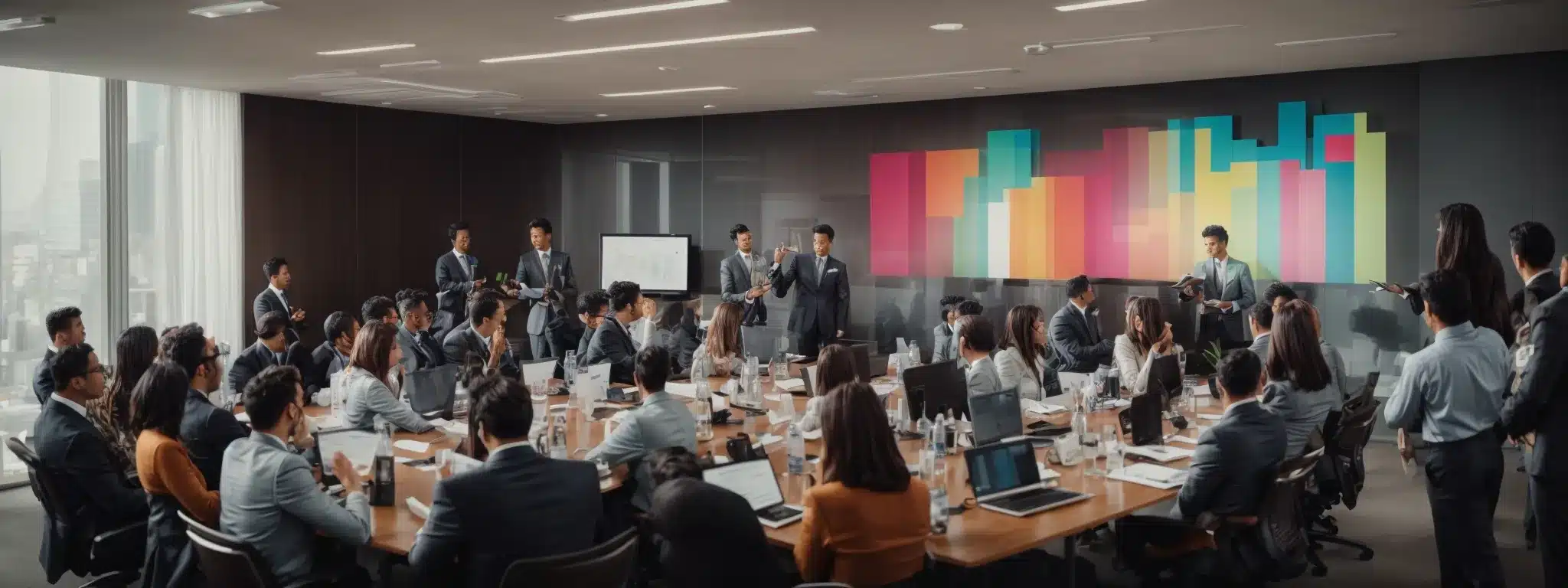 A Bustling Conference Room With Marketing Professionals Enthusiastically Discussing Over A Colorful Presentation With Charts And Graphics.