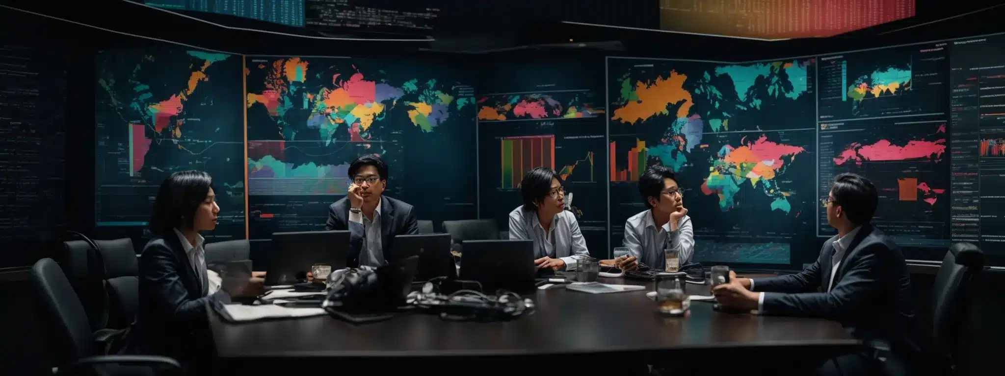Several Analysts Gather Around A Large Screen Displaying Colorful Graphs And Pie Charts, Deeply Engrossed In A Strategic Session.