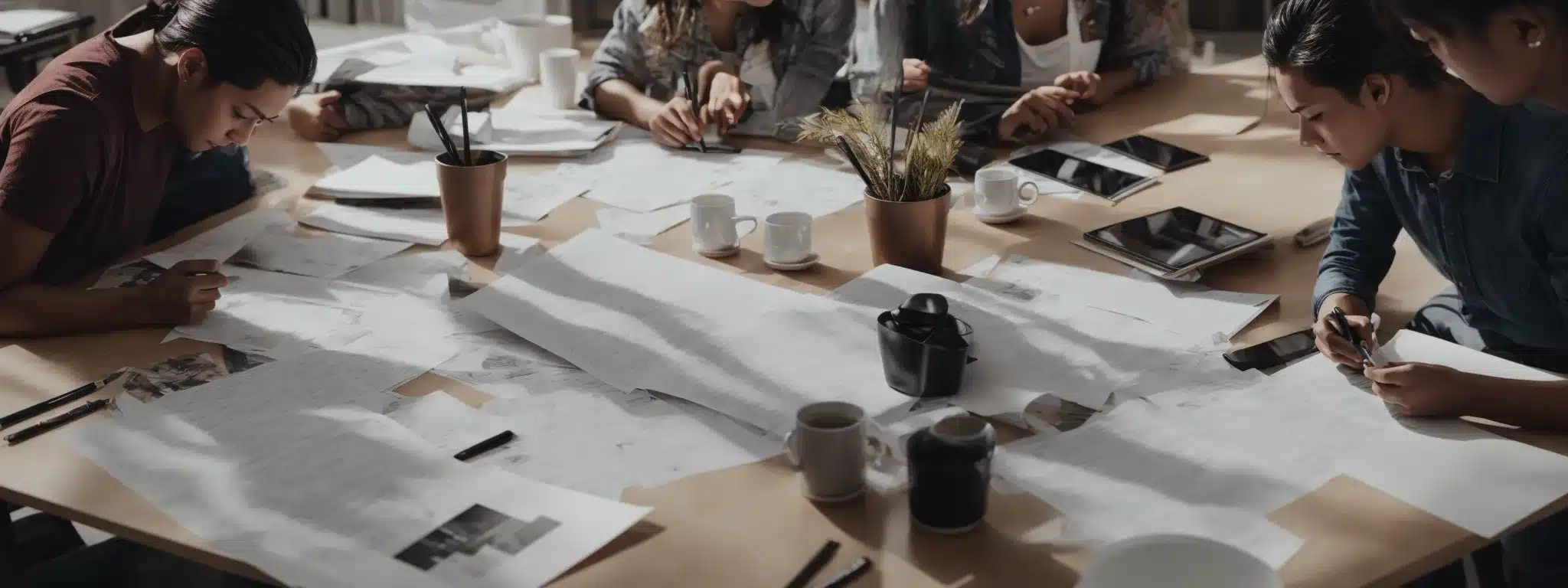 A Design Team Collaborates Around A Large Table, Sketching And Discussing Layouts On Papers And Tablets, Embodying A Seamless Blend Of Technology And Creativity.