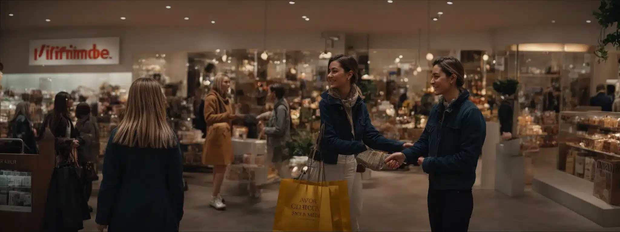 A Customer And Brand Representative Shake Hands In A Warmly Lit Store, Surrounded By Satisfied Patrons Immersed In Their Shopping Experience.