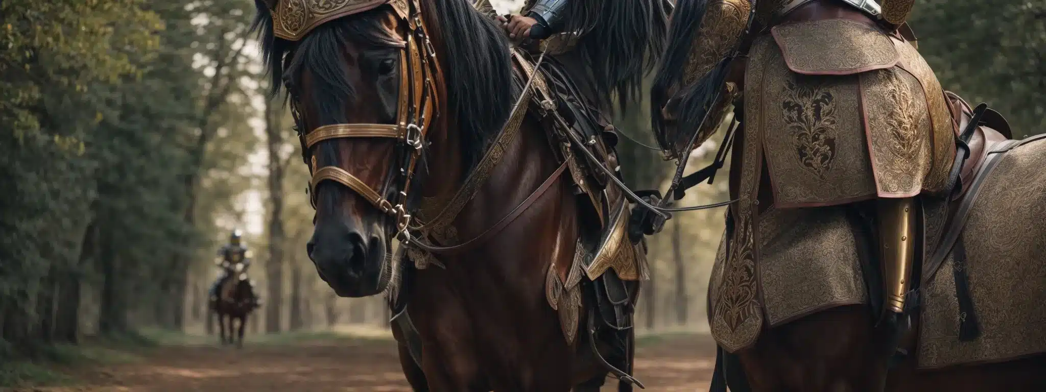 A Knight In Shining Armor Mounted On A Majestic Horse, Bearing An Intricate Shield, Prepares To Enter A Vibrant Medieval Tournament.