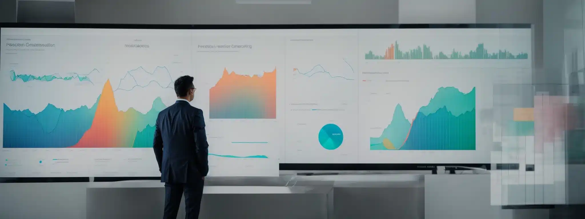 A Person Standing Before A Large Interactive Dashboard, Analyzing Colorful Graphs And Charts Related To Market Research And Consumer Feedback.
