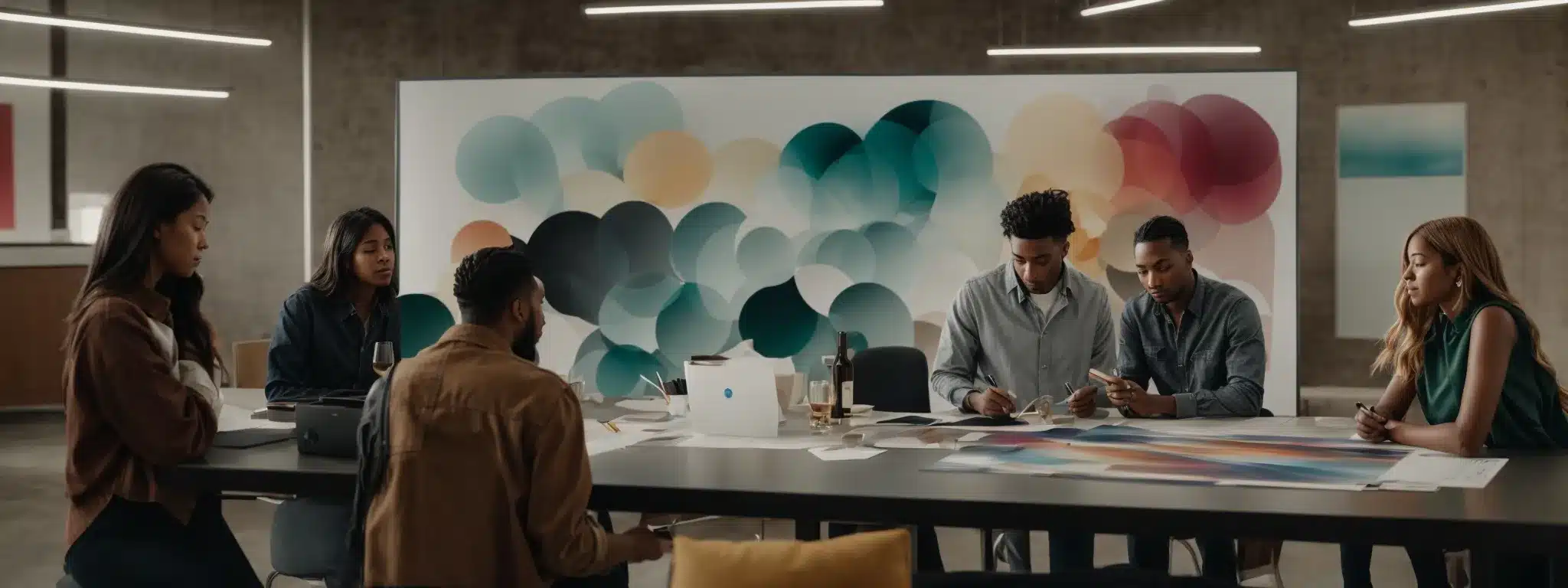 A Creative Team Collaborates Around A Sleek Table, Discussing Color Palettes And Logo Sketches Displayed On Large, Vibrant Posters.