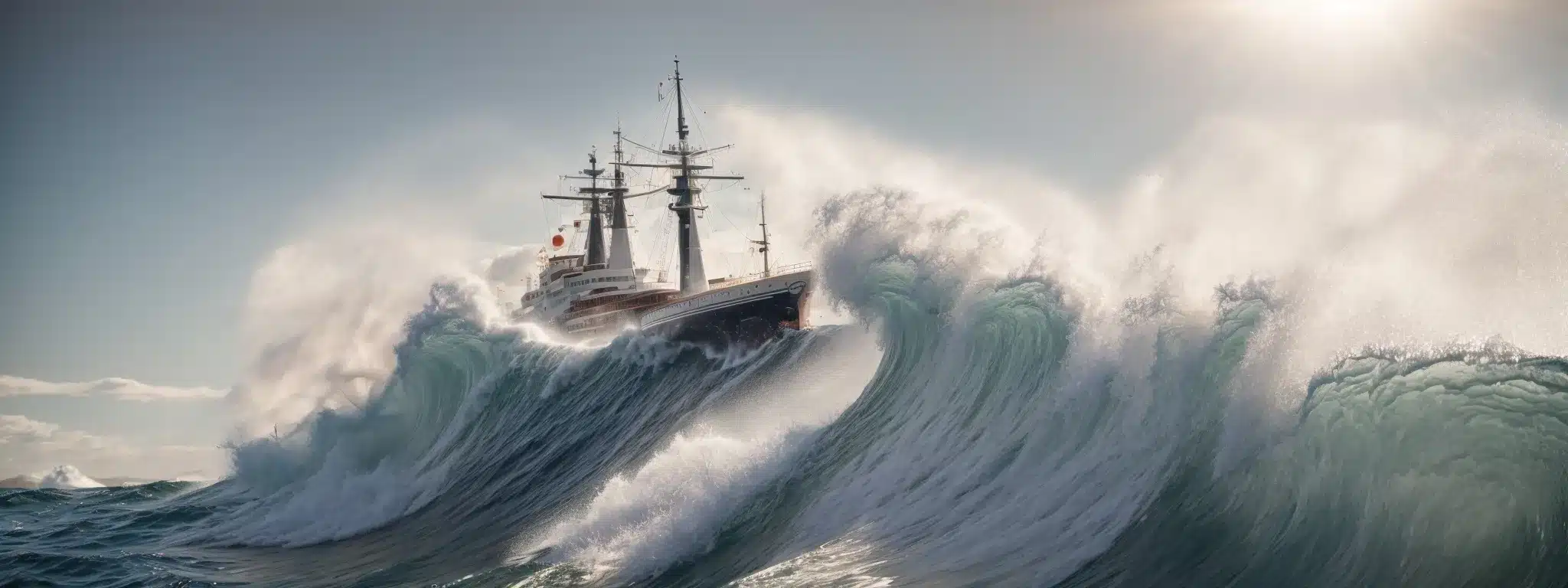 A Ship Navigating Turbulent Ocean Waves With A Compass On A Sunlit Deck.