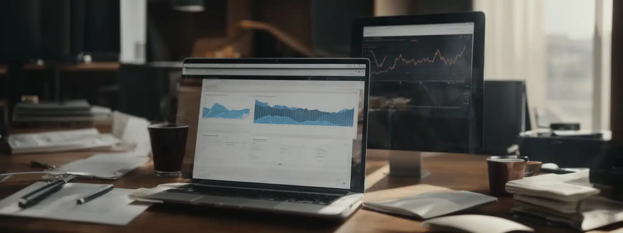 A Marketer Strategizes An Email Campaign On A Laptop With Analytics Charts In The Background.