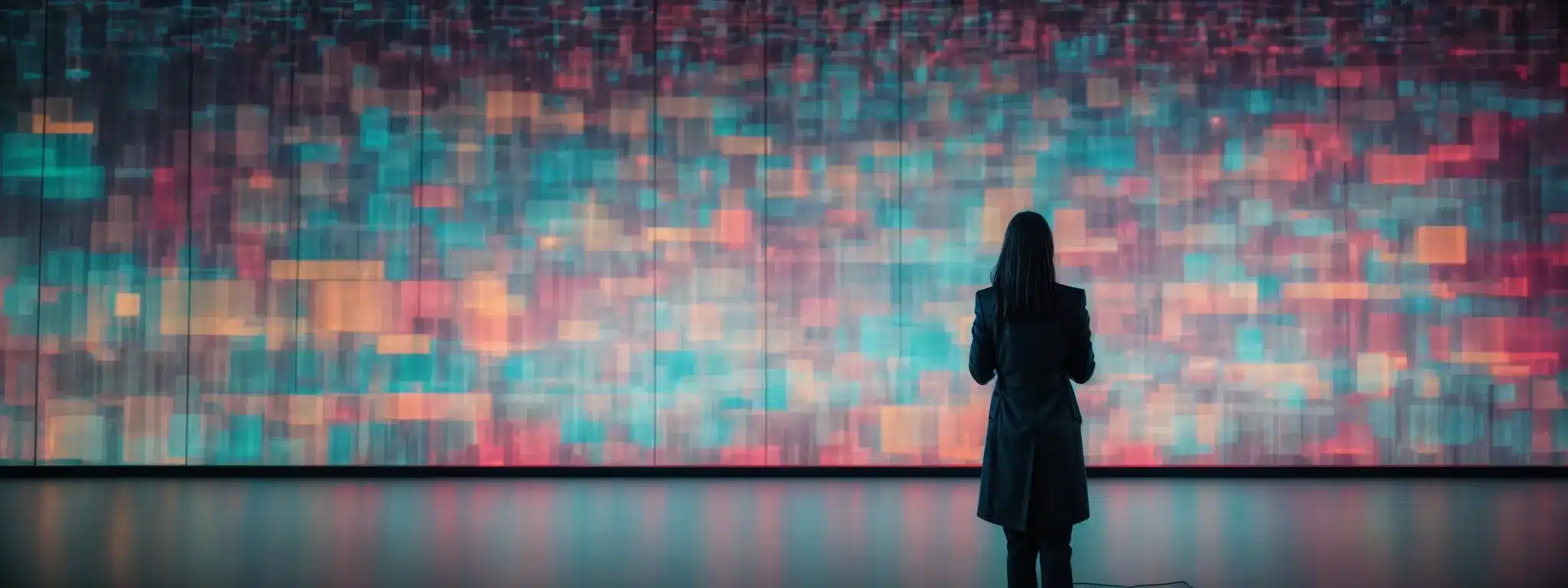 A Person Stands Before A Large, Interactive Screen Displaying Colorful Data Analytics, Symbolizing Strategic Content Planning.