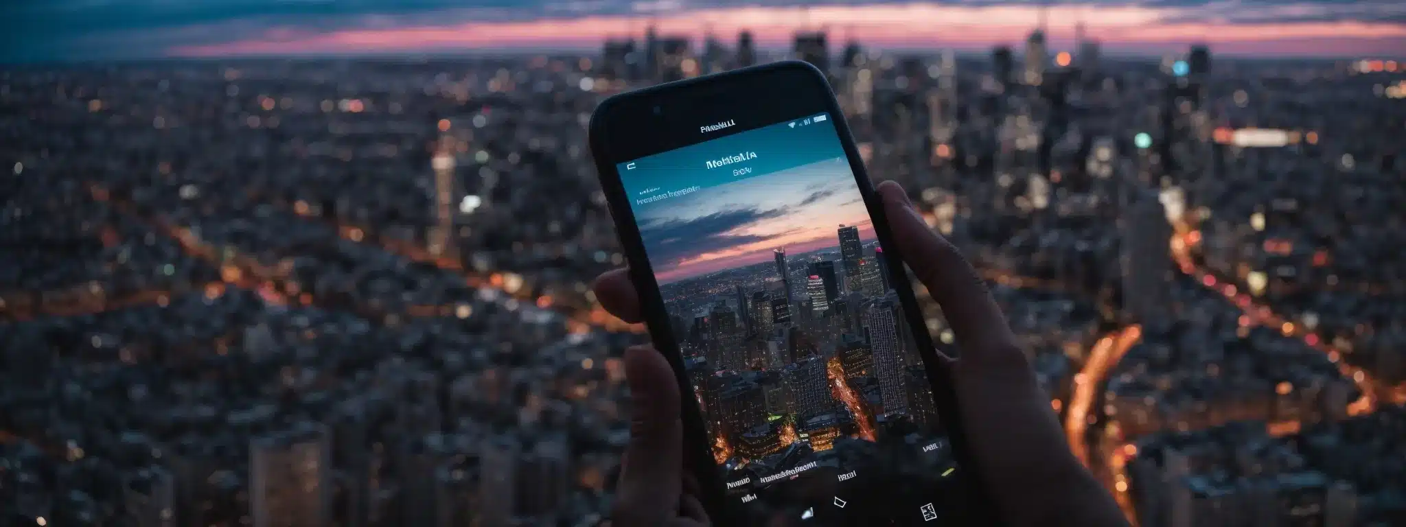 A Person Holds A Smartphone Displaying A Vibrant Social Media Feed Against A Backdrop Of A Bustling Cityscape At Twilight.