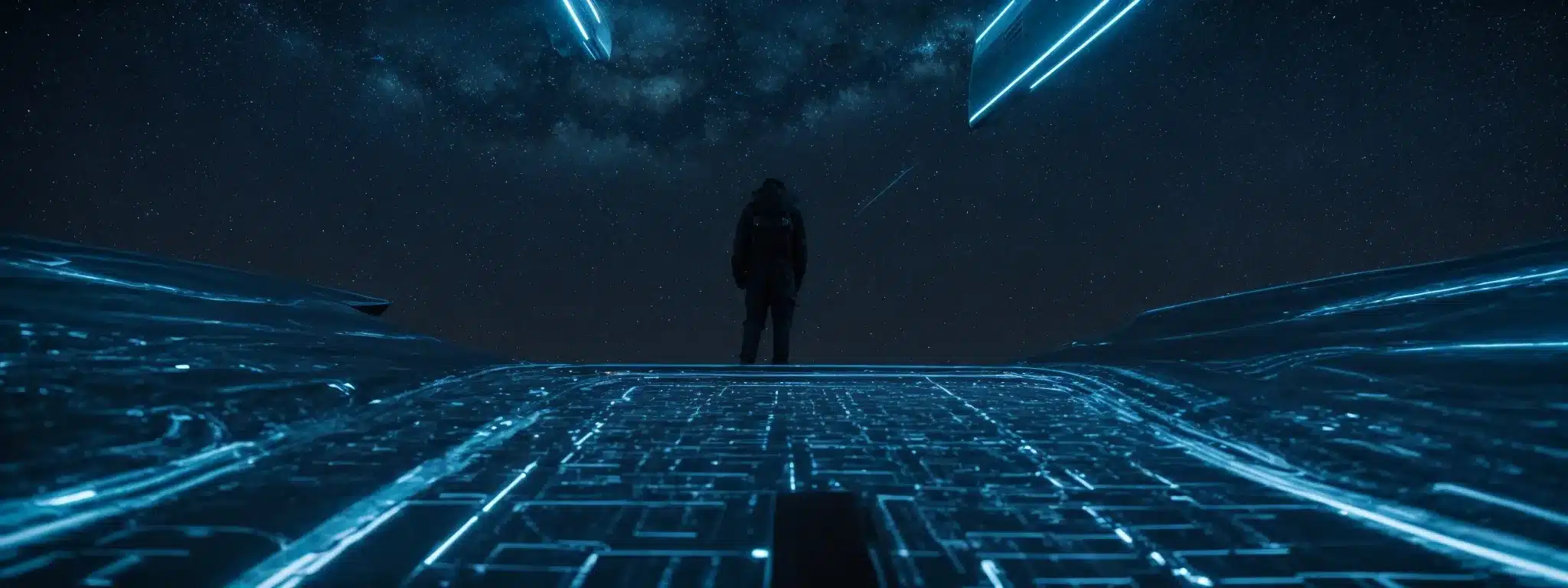 A Lone Figure Stands At The Helm Of A Sleek Futuristic Ship Gliding Through A Sea Of Digital Code Under A Vast Network Of Interconnected Stars.