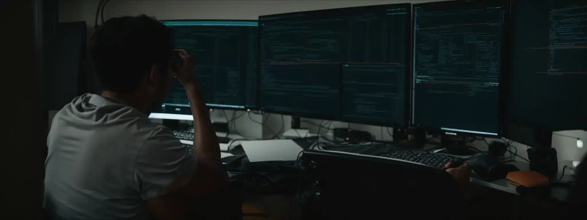 A Web Developer Sits In Front Of A Large Computer Monitor, Intently Examining Lines Of Code.