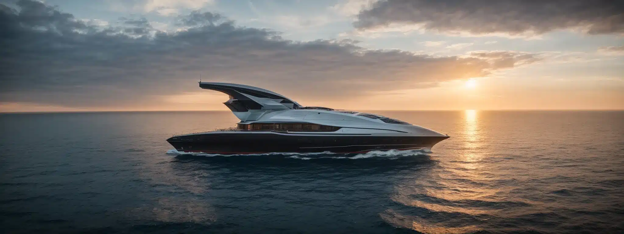 A Sleek, Futuristic Ship Embarks On A Journey Across A Vast, Open Sea Under A Radiant Sunrise.