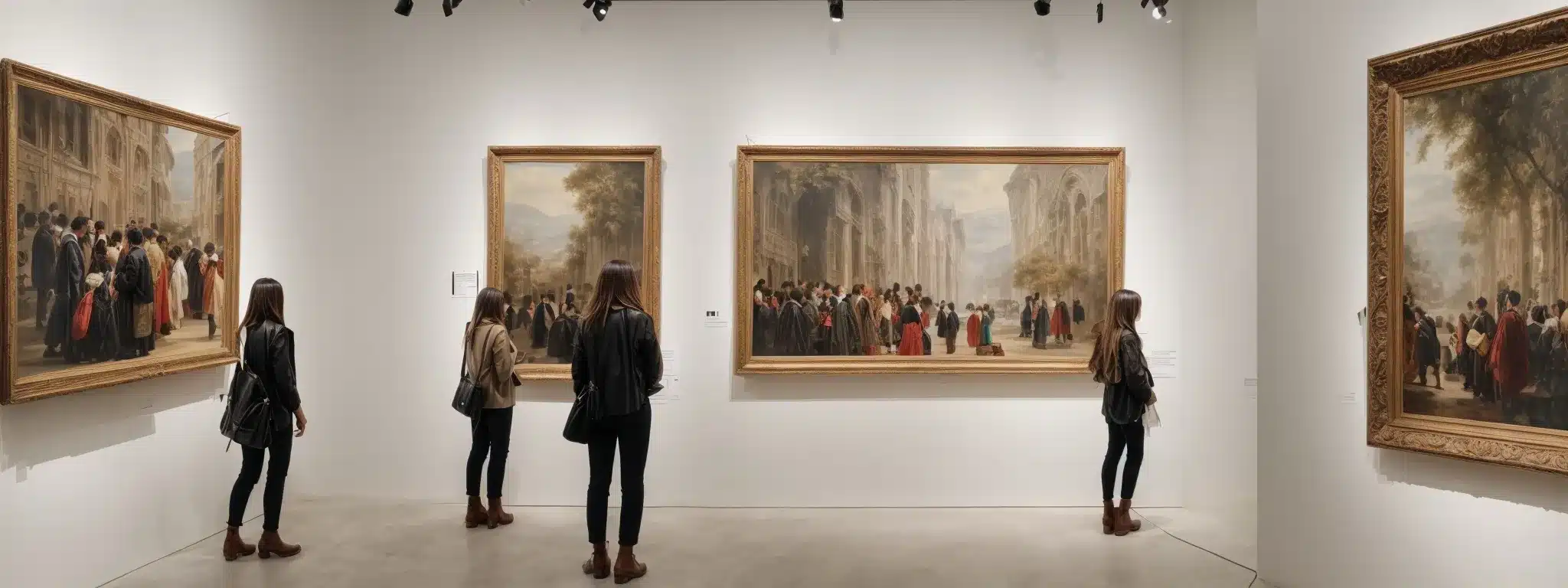 An Art Gallery With Visitors Viewing Large, Intricately Framed Paintings Hung On A Pristine White Wall.