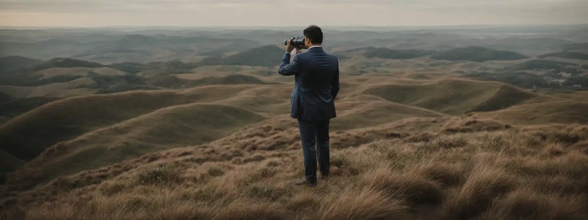 A Businessperson Stands On A Hilltop With A Pair Of Binoculars, Overlooking A Range Of Competitors' Headquarters Scattered Below.