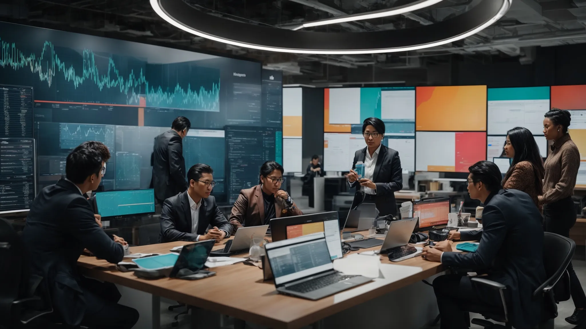 A Strategic Team Huddles Over A Vibrant, Collaborative Workspace Covered In Marketing Materials And Digital Analytics Screens Displaying Graphs And Trends.