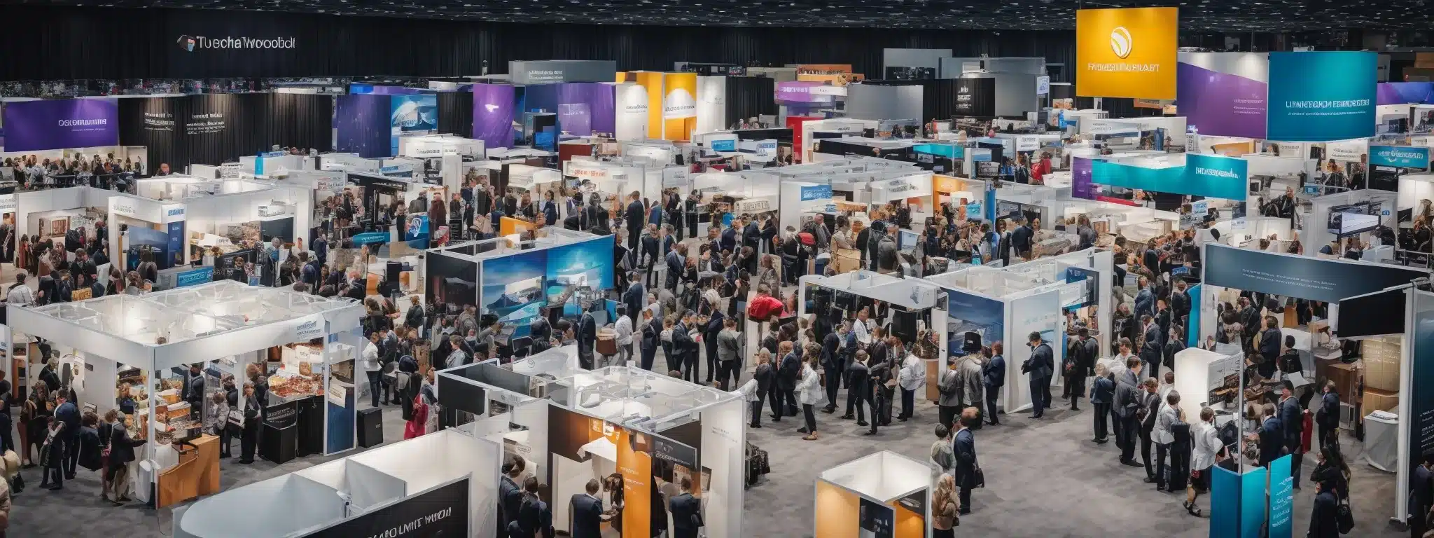 A Bustling Trade Show Floor Filled With Vibrant Booths And Marketing Materials, Where Businesses Showcase Their Products And Connect With Potential Partners.