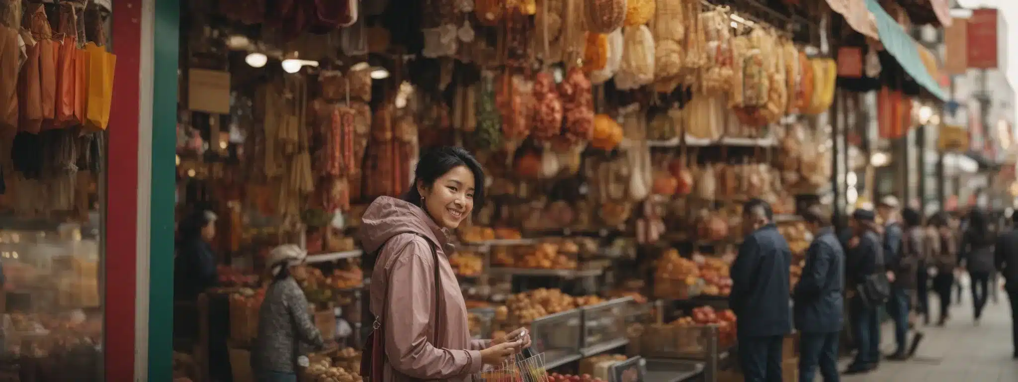 A Customer Joyfully Shopping In A Vibrant, Bustling Market Filled With Various Brand Storefronts.