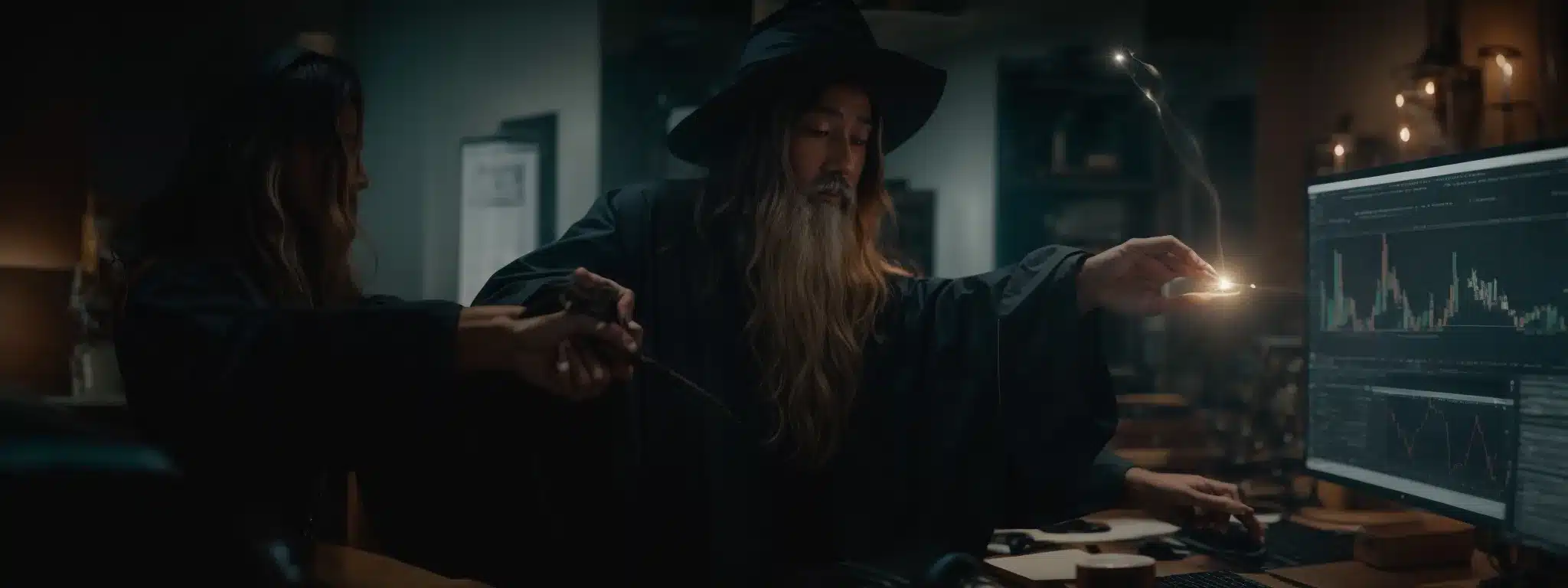 A Wizard Casting A Spell Over A Computer Screen Displaying Rising Graphs And Charts.