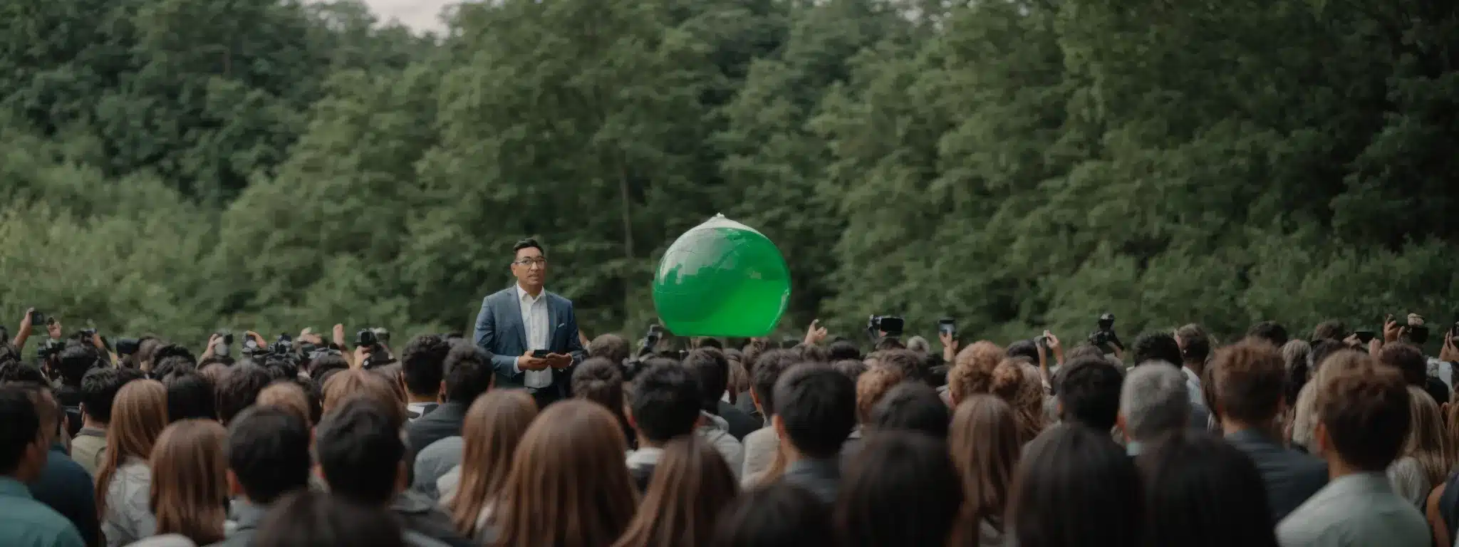 A Visionary Entrepreneur Unveils A Green Product To A Crowd, Symbolizing Environmental Responsibility And Brand Differentiation.