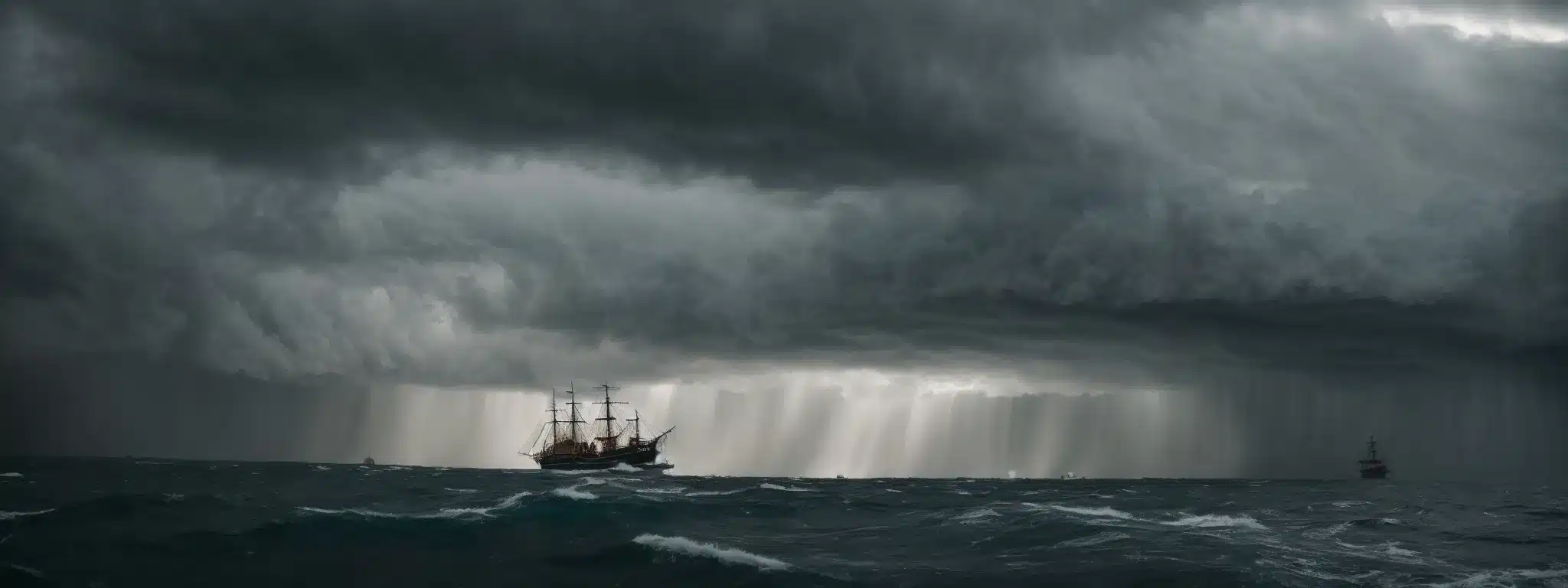 A Pirate Ship Navigates Tumultuous Seas Under A Stormy Sky.