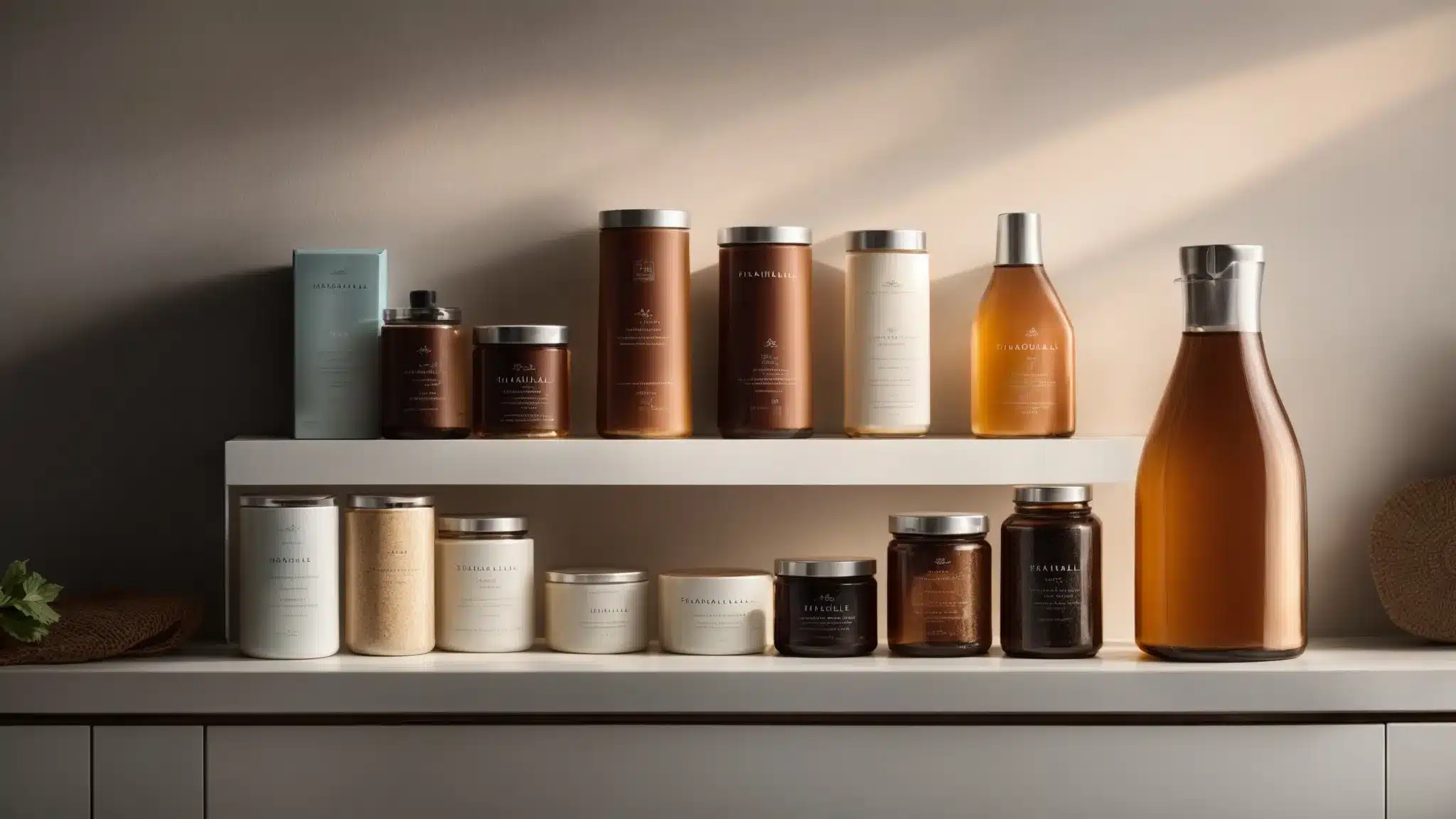 A Line Of Diverse Products On A Shelf Stands Out With One Item Highlighted Under A Spotlight.