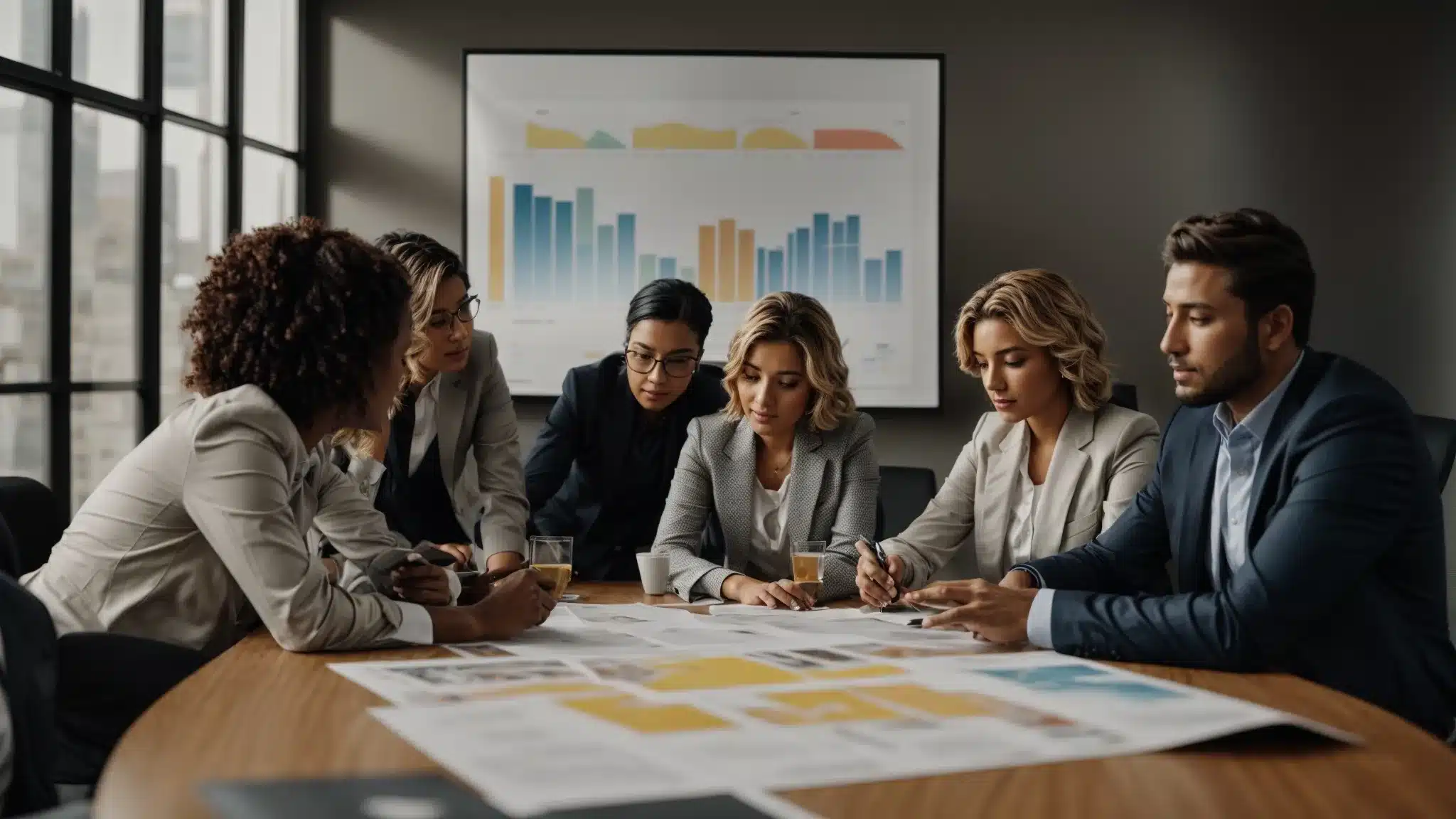 A Group Of Marketing Professionals Gathers Around A Conference Table, Discussing A Poster With Graphs Mapping Brand Strategies And Customer Value Propositions.