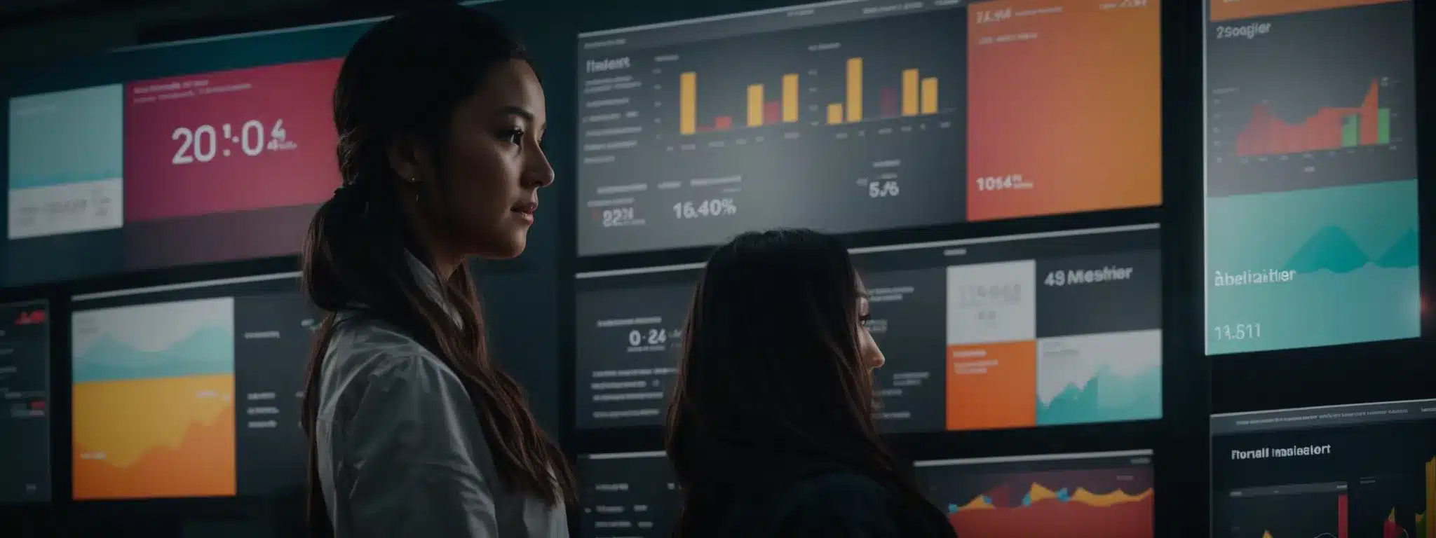 A Marketer Presents A Vibrant, Interactive Digital Dashboard Showcasing Consumer Data And Engagement Analytics.