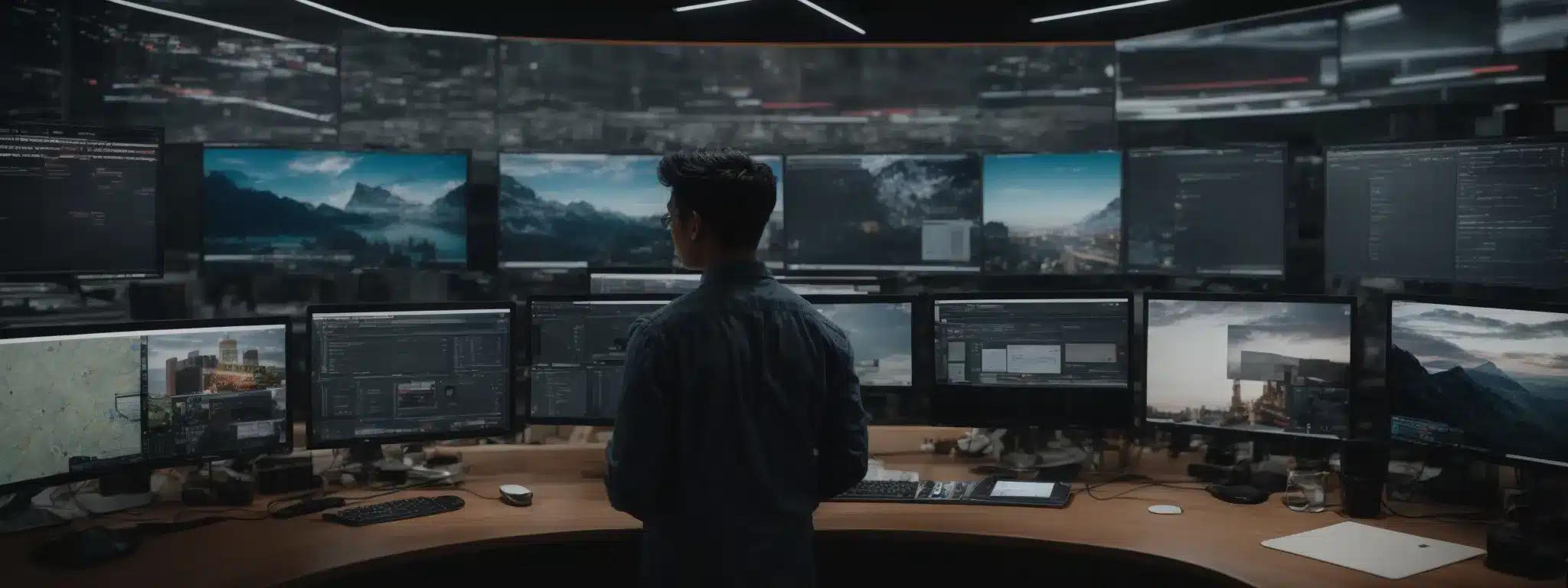 A Digital Marketer Surrounded By Large, Screen-Filled Command Center Orchestrating A Campaign Across Multiple Social Media Platforms.