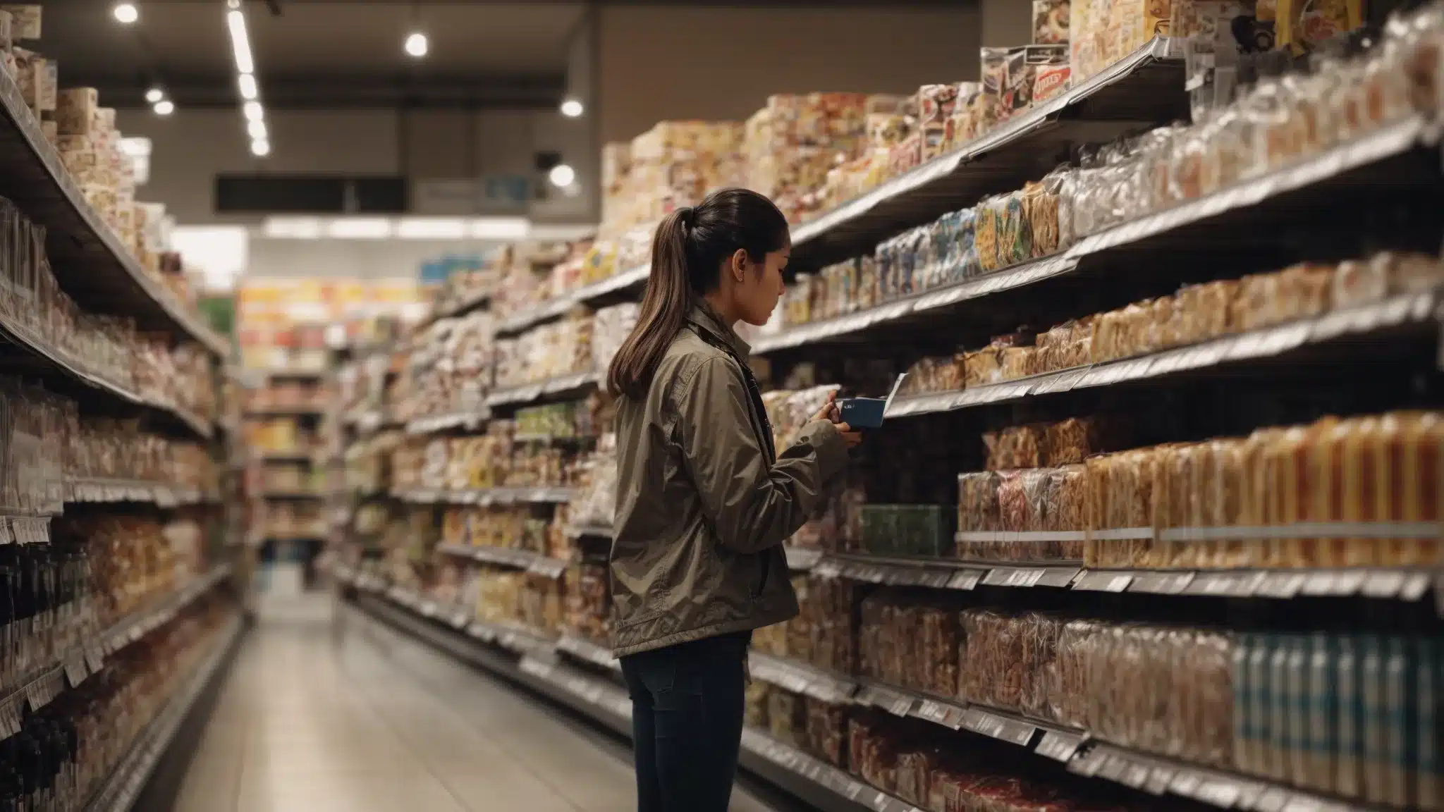 A Consumer Thoughtfully Examining A Row Of Diverse Products On A Store Shelf, Reflecting The Brand'S Image Through Packaging Design.
