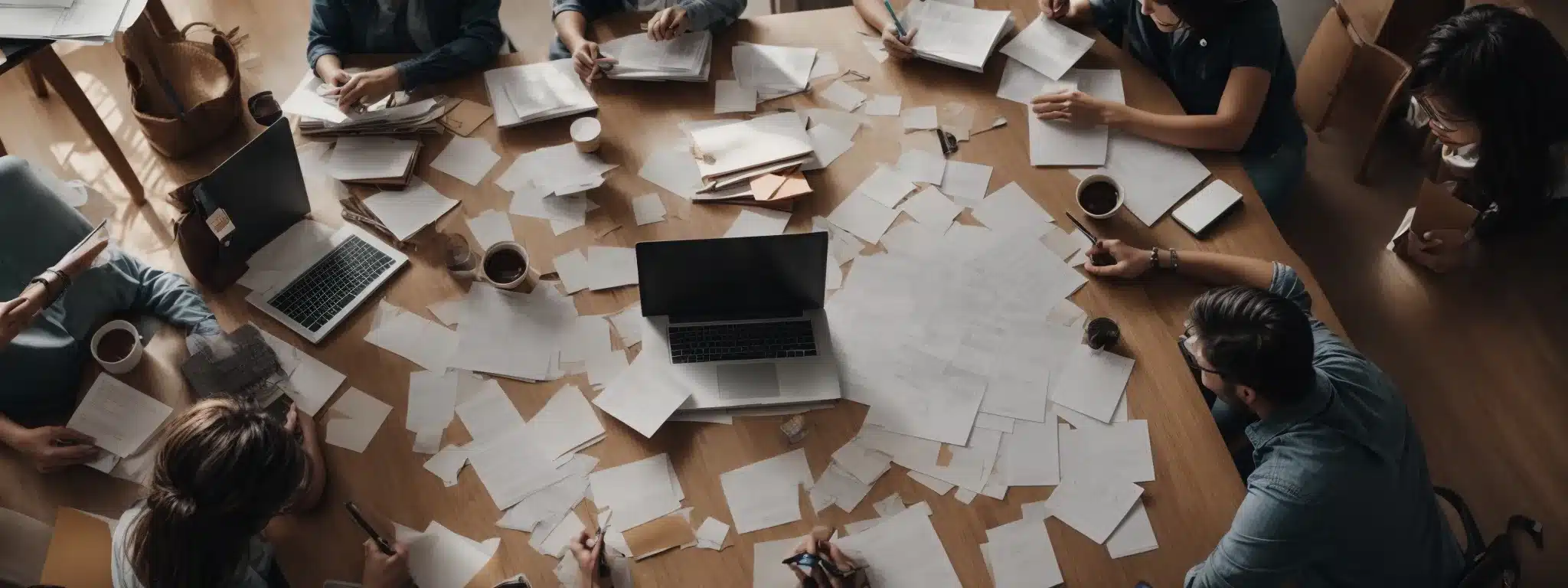 A Team Of Professionals Collaboratively Planning A Website On A Large, Paper-Strewn Table.