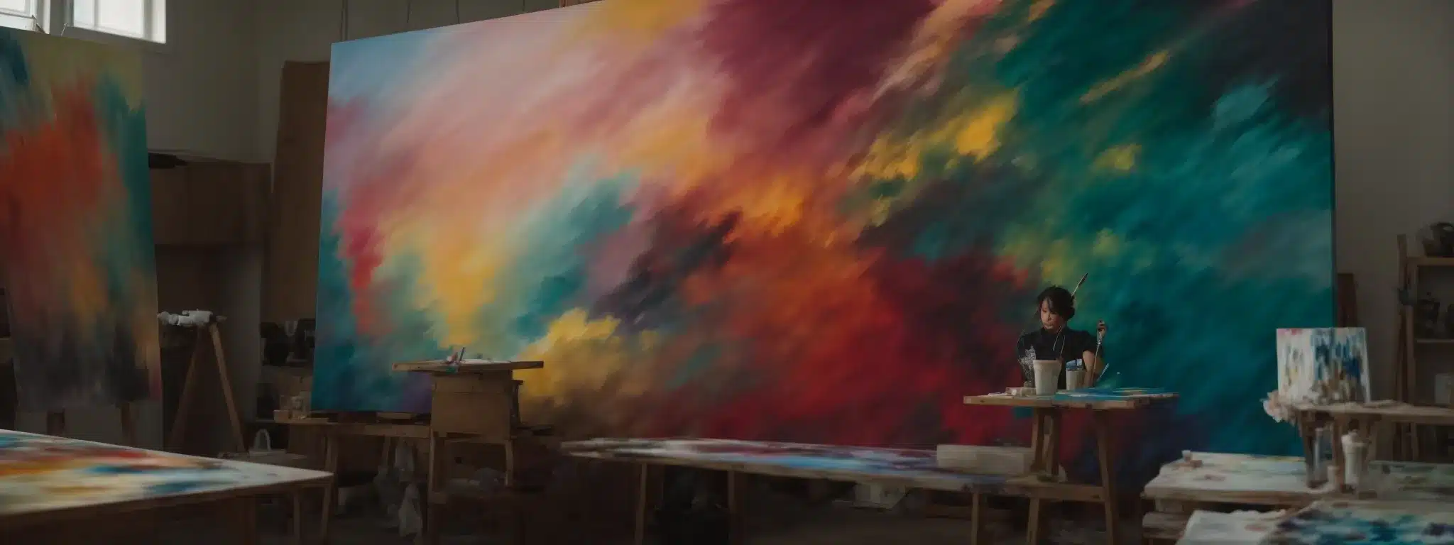 An Artist Paints Bold, Abstract Colors On A Large Canvas In A Sunlit Studio.