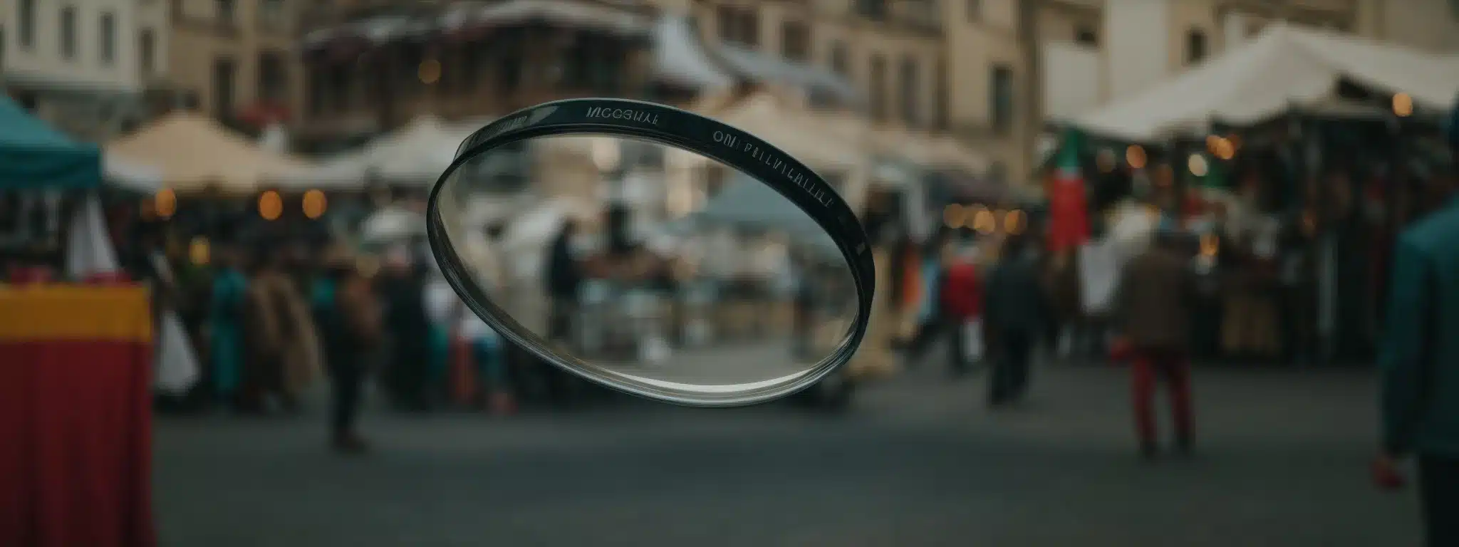 A Magnifying Glass Focused On A Polished Brand Emblem Displayed Prominently In A Bustling Market Square.