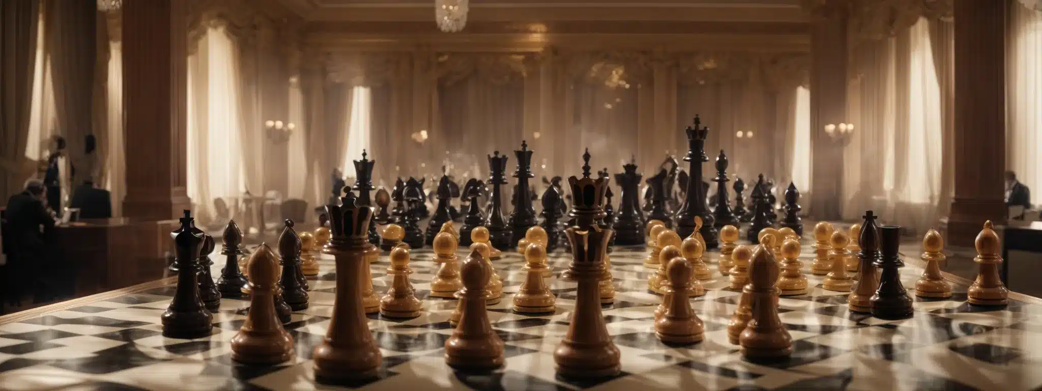 A Grand Chessboard Set Amidst A Bustling, Elegant Ballroom, Where Each Chess Piece Symbolizes A Different Aspect Of Brand Strategy In A Dance Of Competition And Adaptation.