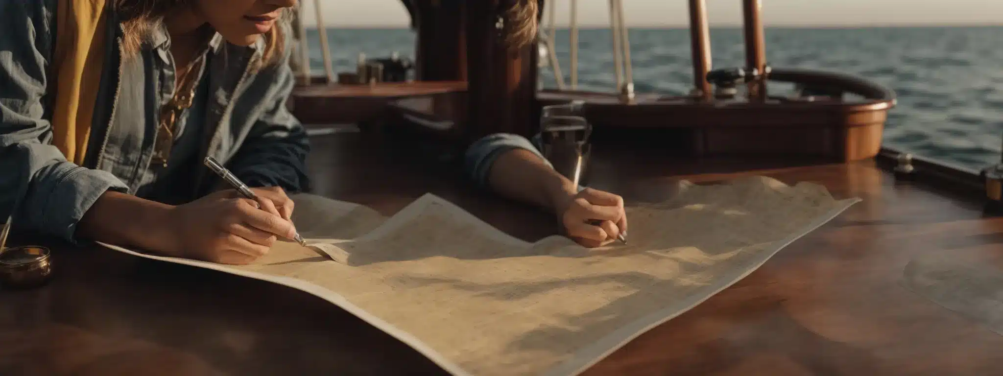A Determined Marketer Poring Over A Treasure Map On The Deck Of A Ship, Symbolizing The Quest For A Brand'S Unique Value Proposition.