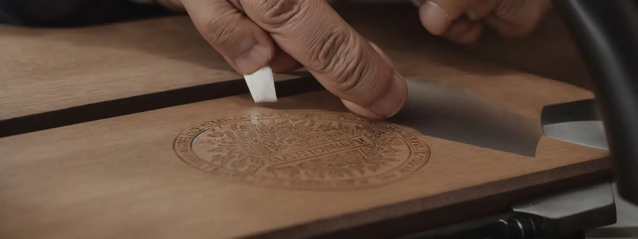 A Craftsman Diligently Etching A Brand'S Emblem Into Wood To Symbolize Meticulous, Authentic Branding Efforts.