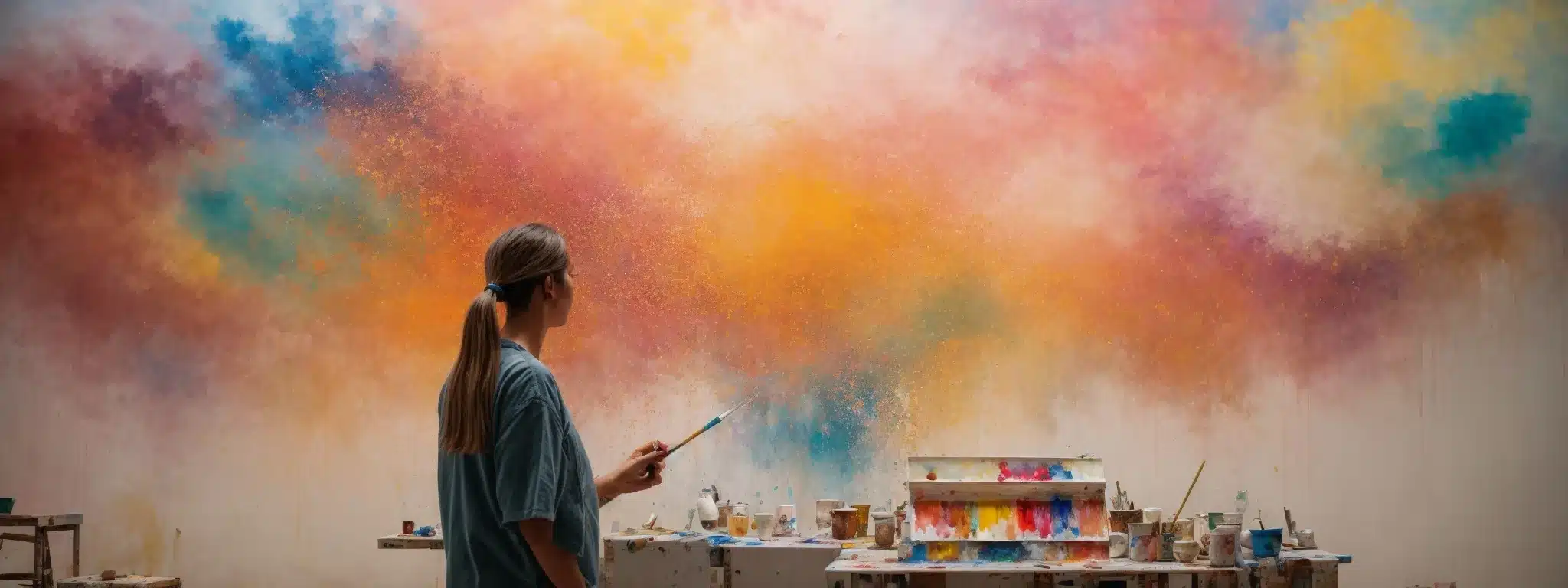 An Artist Thoughtfully Daubs Paint Onto A Wide, Mural-Sized Canvas In A Brightly Lit Studio, Surrounded By A Palette Of Colors.