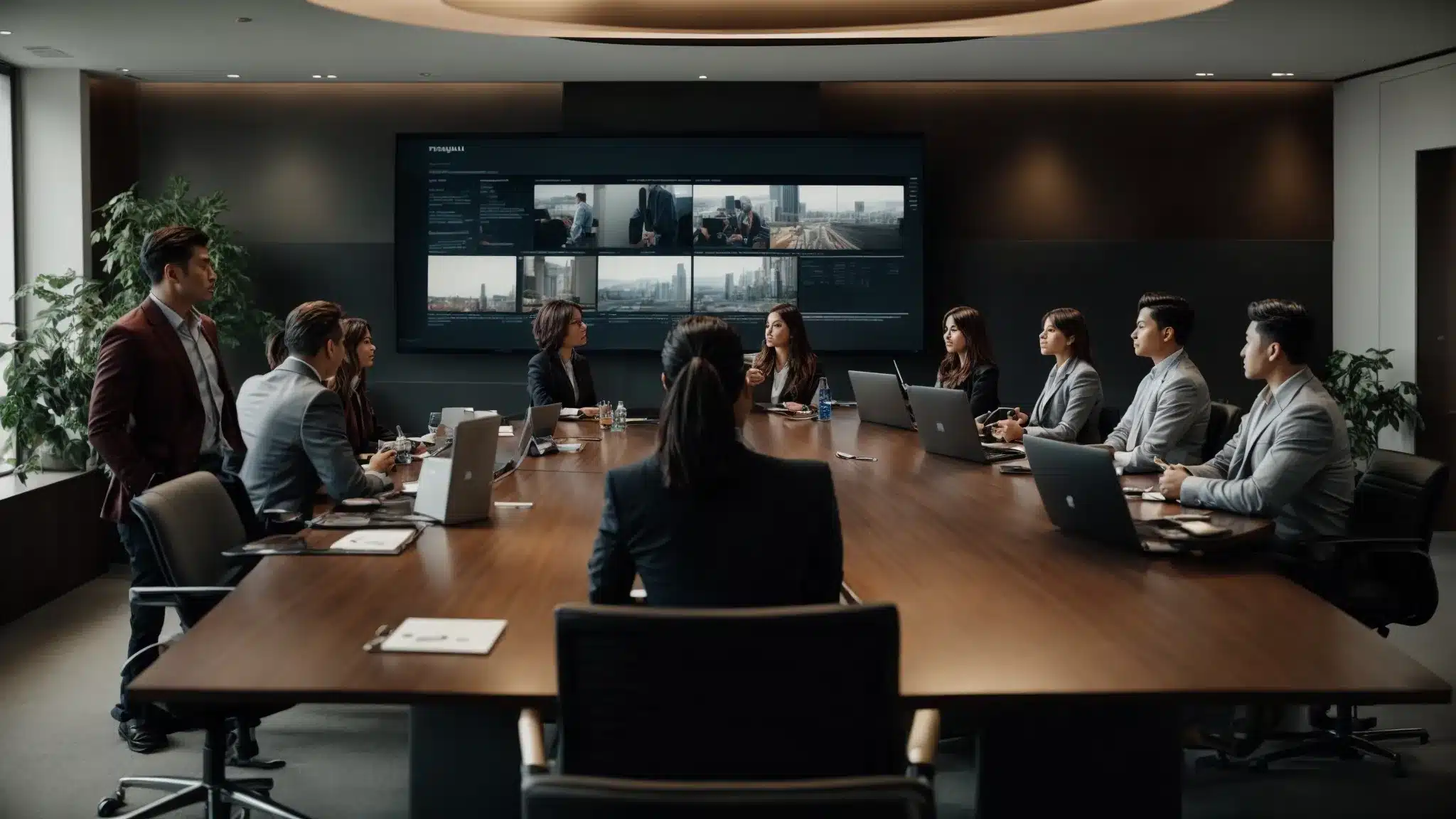 A Team Of Professionals Gathers Around A Conference Table, Strategizing Over A Digital Content Plan Displayed On A Large Screen.