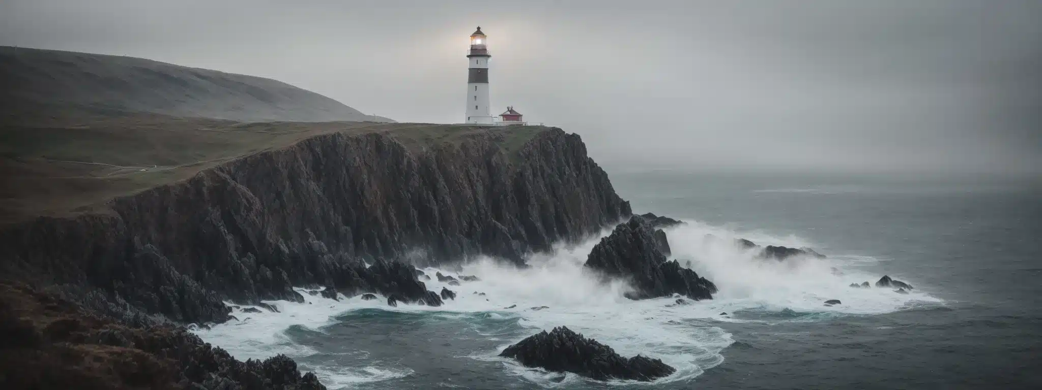 A Majestic Lighthouse Stands Firm On A Rugged Coastline, Its Bright Beacon Cutting Through The Mist, A Vigilant Sentinel Amid The Vast, Churning Sea.