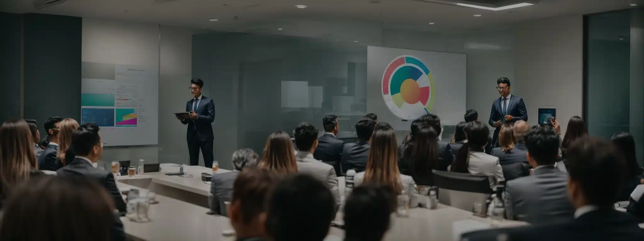 A Marketer Presents A Colorful Pie Chart To An Engaged Audience In A Modern Conference Room.