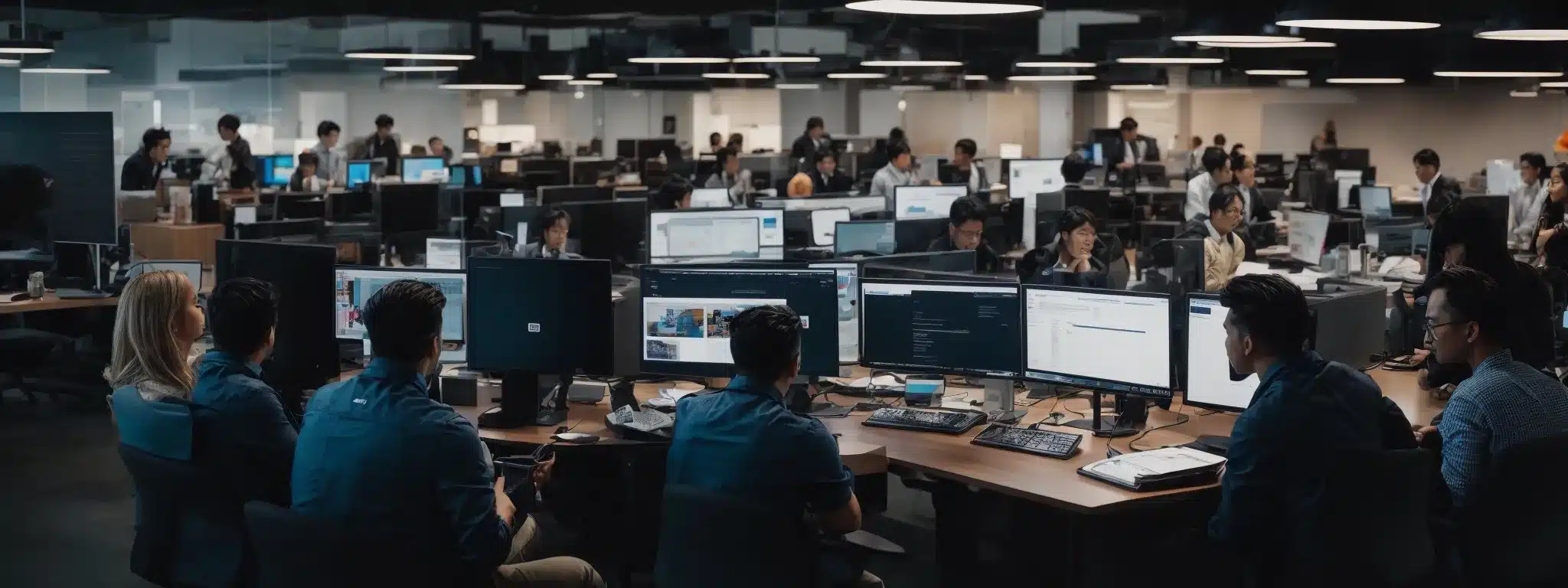 A Bustling Digital Marketing Agency With Teams Strategizing Around Computers Displaying Vibrant Social Media Analytics.
