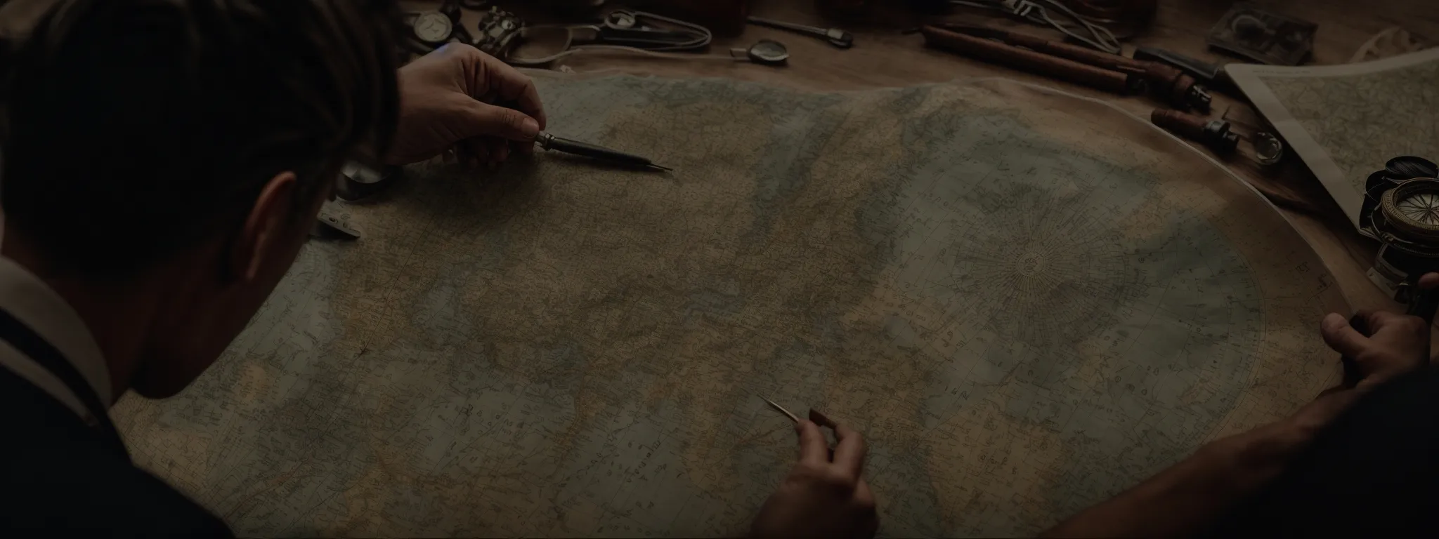 A Captain Adjusting A Vintage Compass On A Weathered Map Amidst Nautical Tools, Plotting A Strategic Course.