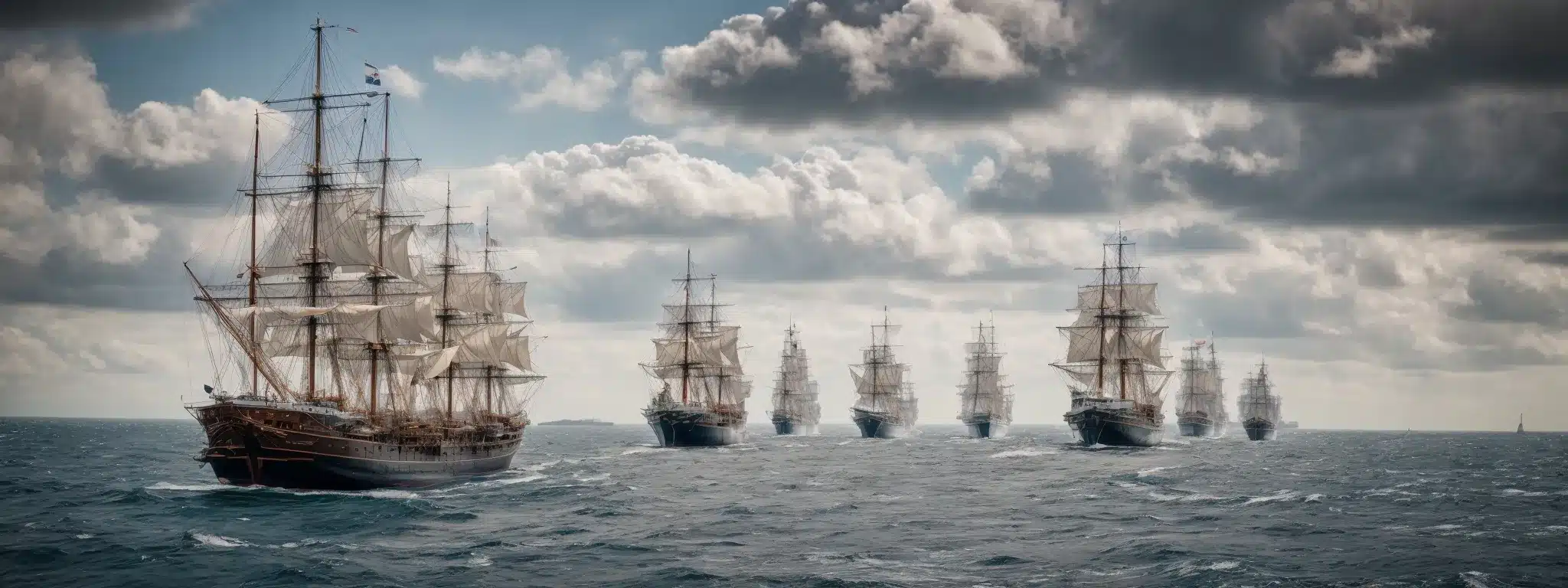 A Fleet Of Majestic Sailing Ships Preparing To Embark On An Open Sea Voyage Under A Vast Sky, Symbolizing The Strategic Journey Of B2B Marketing.