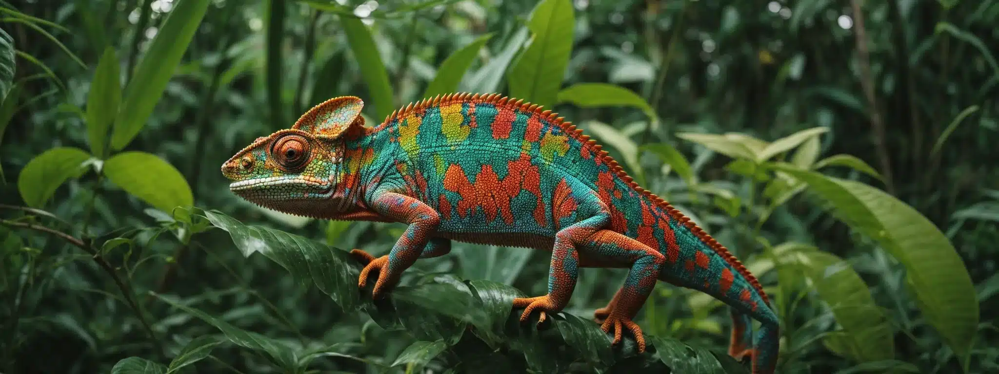 A Chameleon Adapting Its Colors Amongst A Vibrant, Dynamic Jungle Setting.