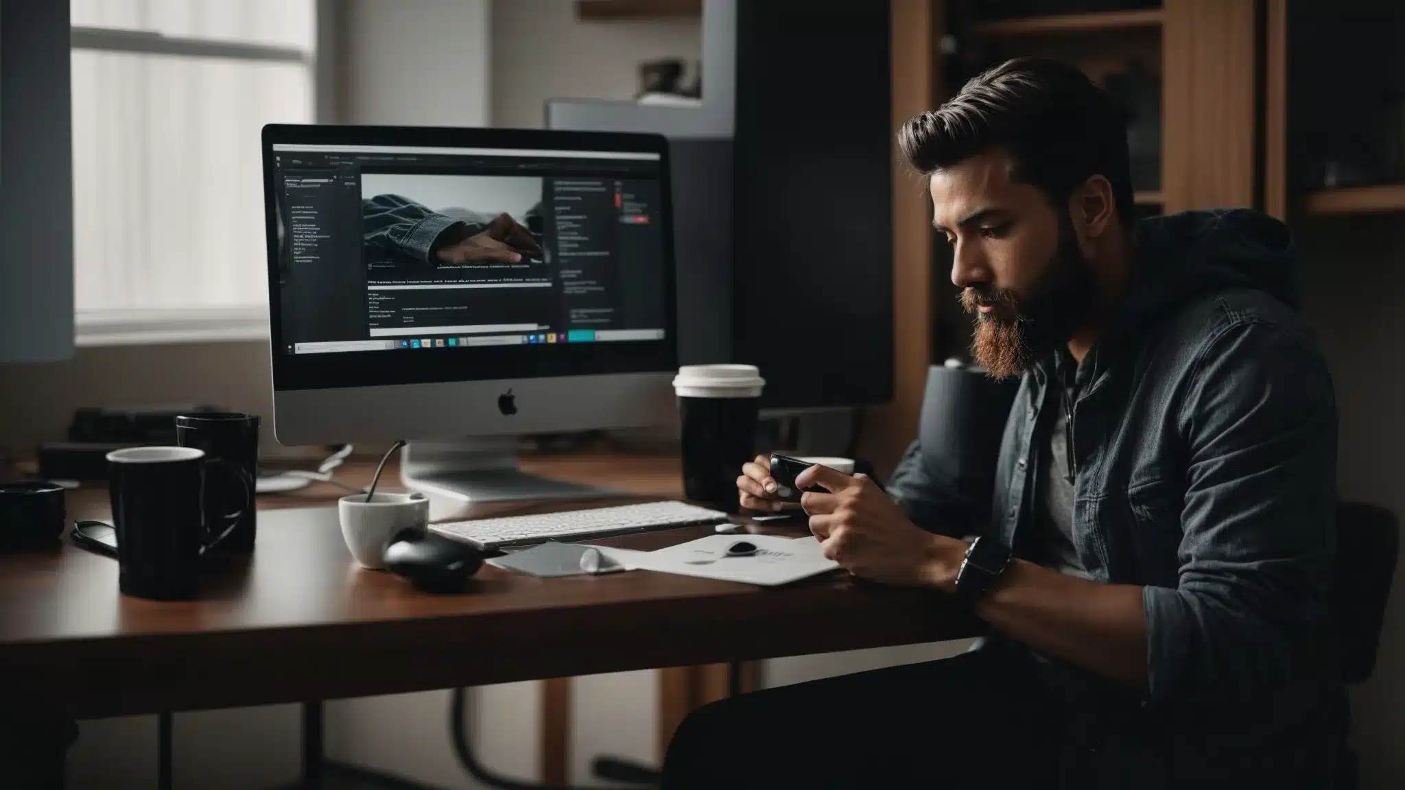 a web developer attentively optimizes a wordpress website on a desktop computer with a smartphone displaying the same site next to the keyboard.