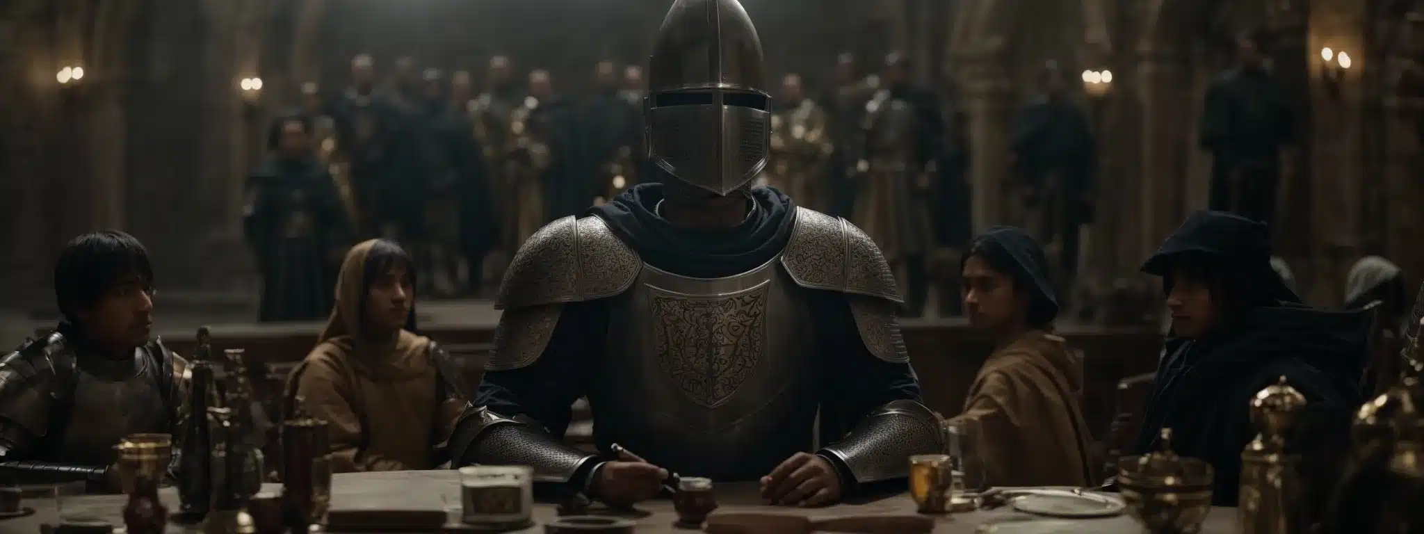 A Knight In Shining Armor Stands Before A Large, Round Table, With Various Symbolic Items Aligned To Represent Different Social Media Platforms.