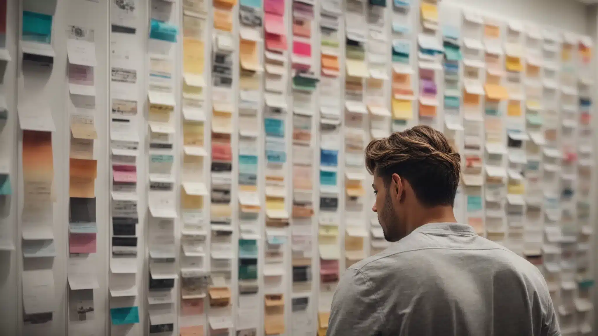 A Designer Thoughtfully Examines A Wall Filled With Colorful Logo Sketches And Concept Art In A Modern Studio.