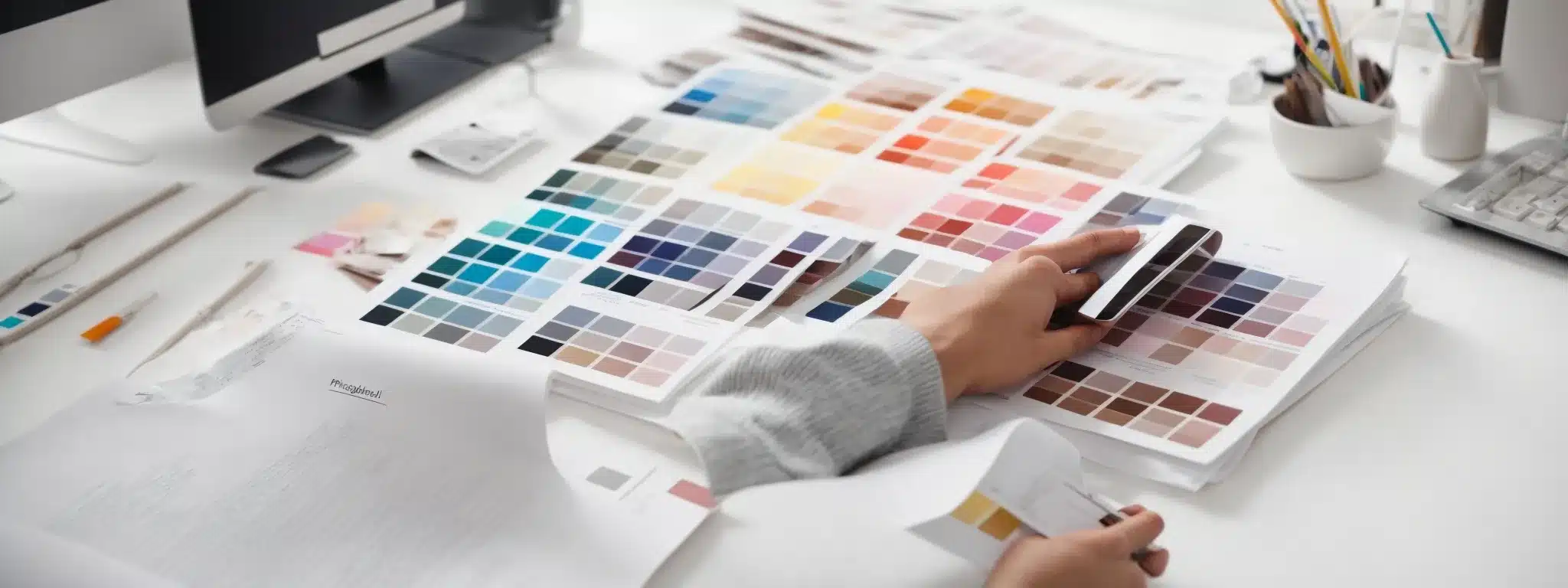 A Designer Thoughtfully Selecting Color Swatches And Sketching A Minimalist Logo On A Clean, Bright Workspace.