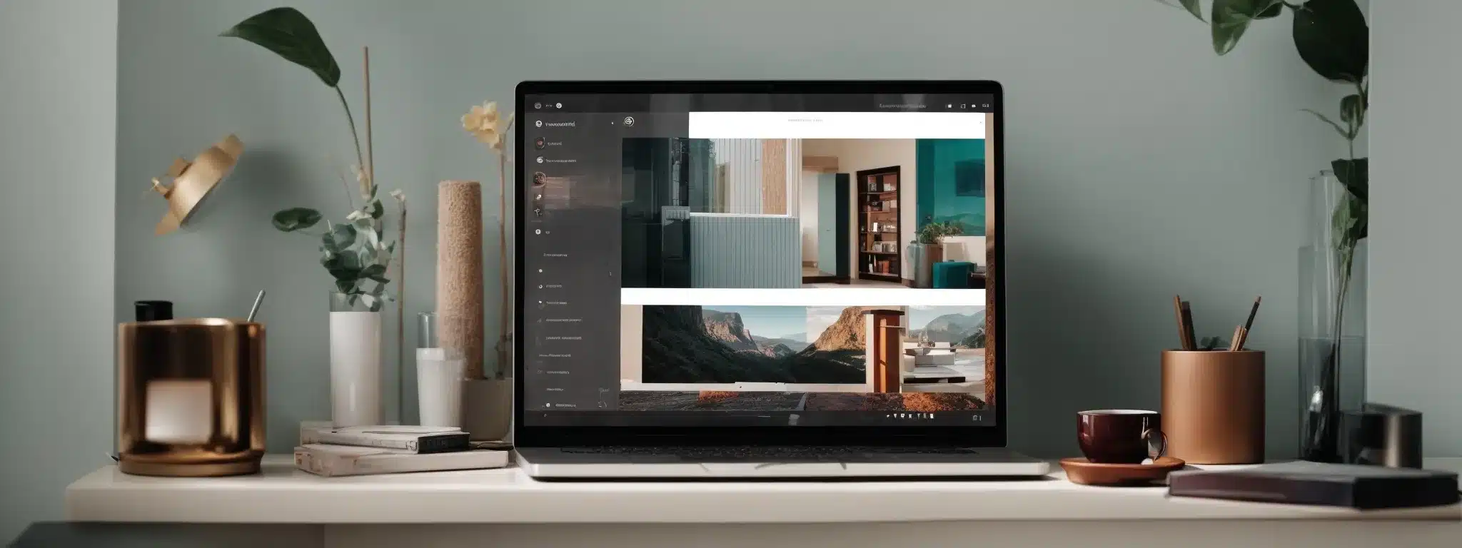 A Laptop Displays A Vibrant Gallery Of Multimedia Elements Transitioning Smoothly On Its Screen Amidst A Minimalist Setup.