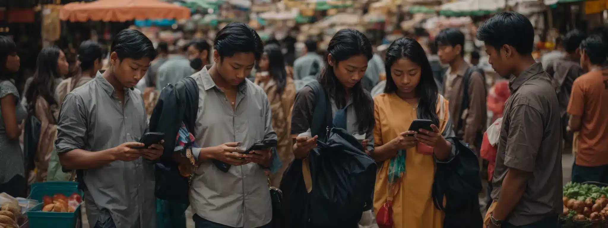 A Diverse Group Of People Engrossed In Their Smartphones Amidst A Vibrant Marketplace.
